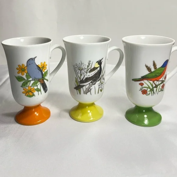 SET 6 Vintage Fred Roberts Song Bird Footed Mugs MCM - Picture 2 of 9
